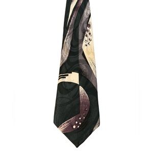 Azia collection vintage abstract, print silk tie. Black purple and cream. EUC